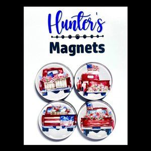 Set of 4 Magnets - Patriotic Red Truck Glass Refrigerator Kitchen Whiteboard